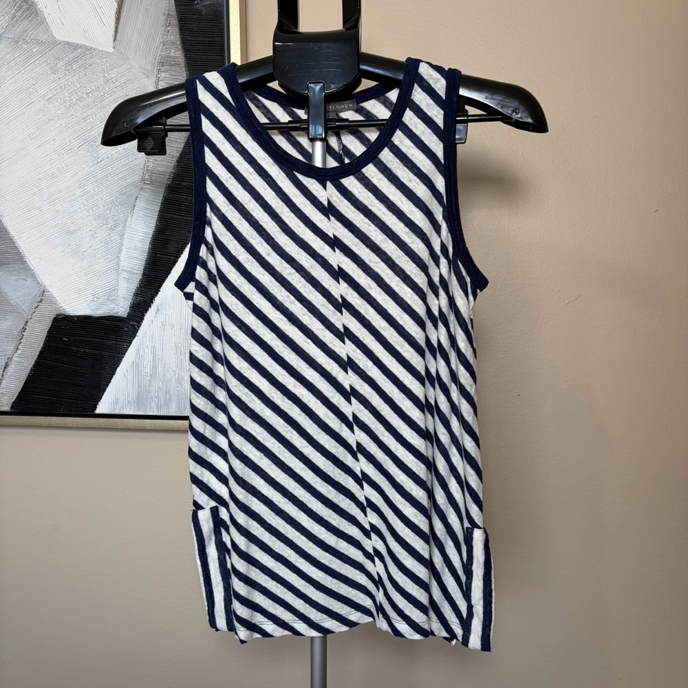Elliot Lauren Linen Coastal Navy Blue & White Striped Tank Size Small